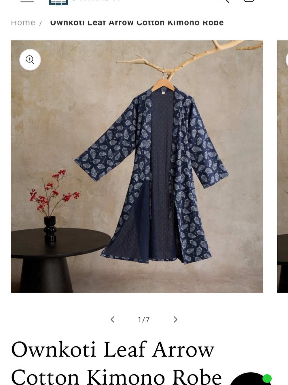 Leaf-Print 100% Cotton Kimono Robe in Navy